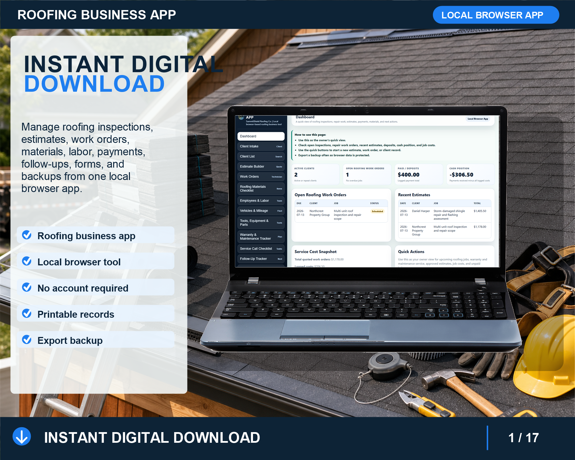 Roofing business app Instant Digital Download screen for service workflow management